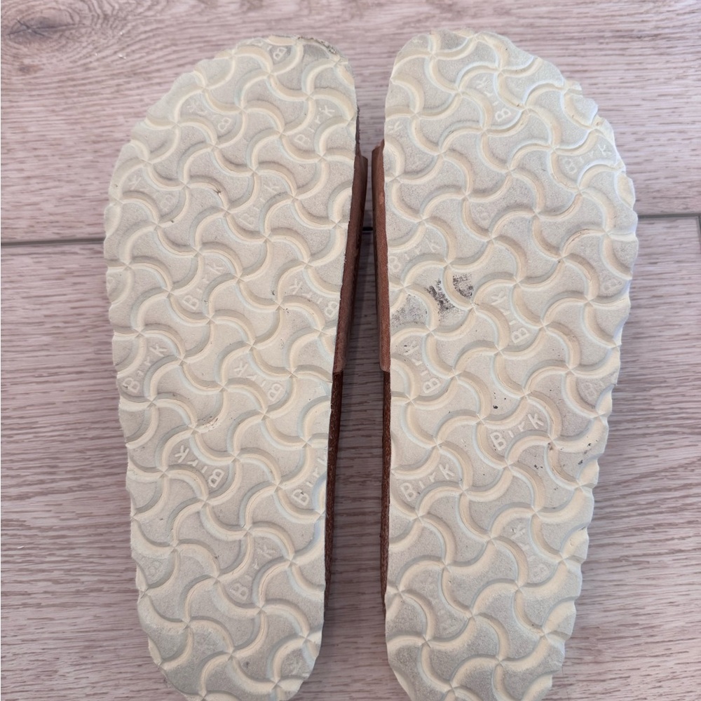 Birkenstock Tan Leather Slides with Gold Buckle - Picture 4 of 4